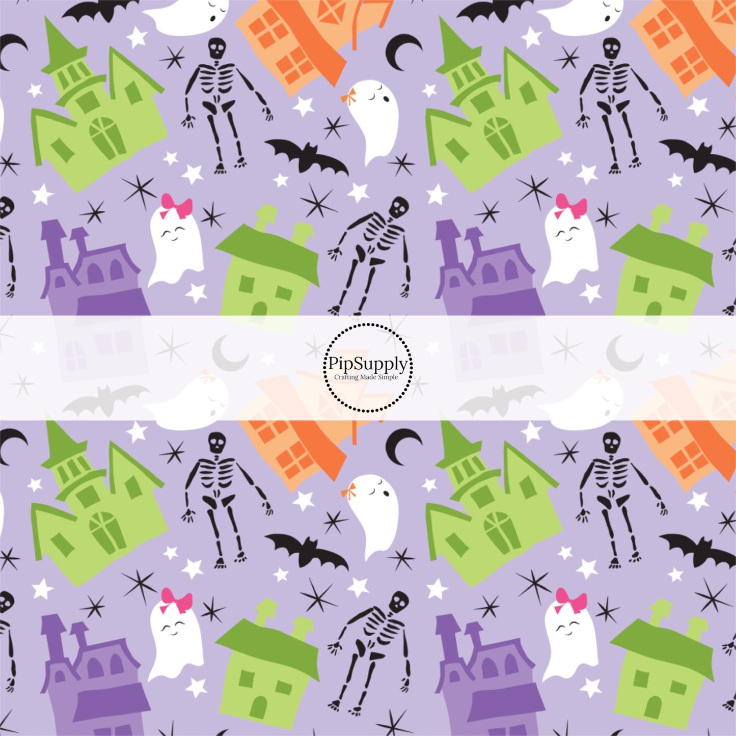 These Halloween themed light purple fabric by the yard features haunted house, moons, tiny stars, ghost, and skeletons on pastel purple. This fun spooky themed fabric can be used for all your sewing and crafting needs! 