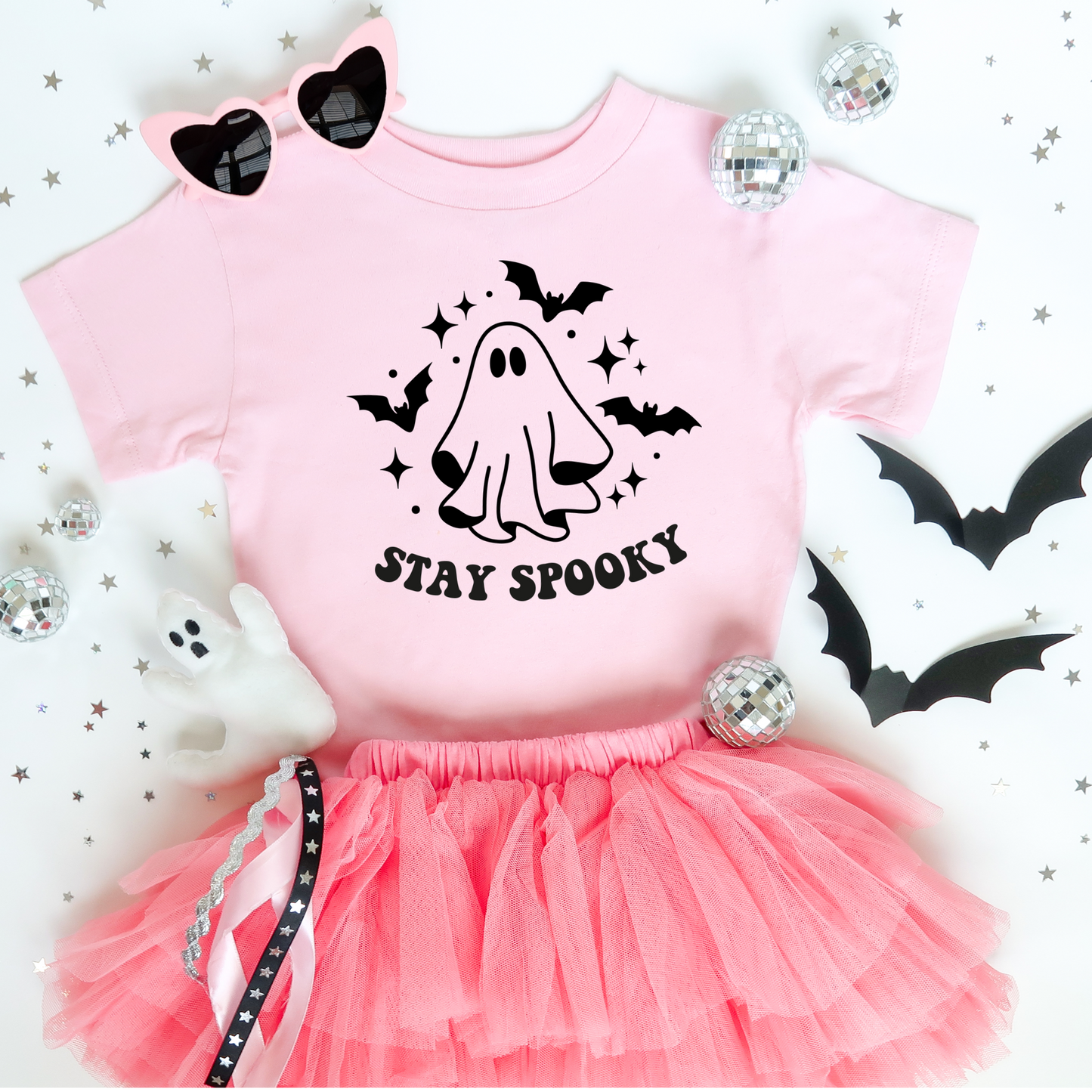 Ghost, bats, stars, and the phrase "Stay Spooky" DTF and Sublimation iron on heat transfer.