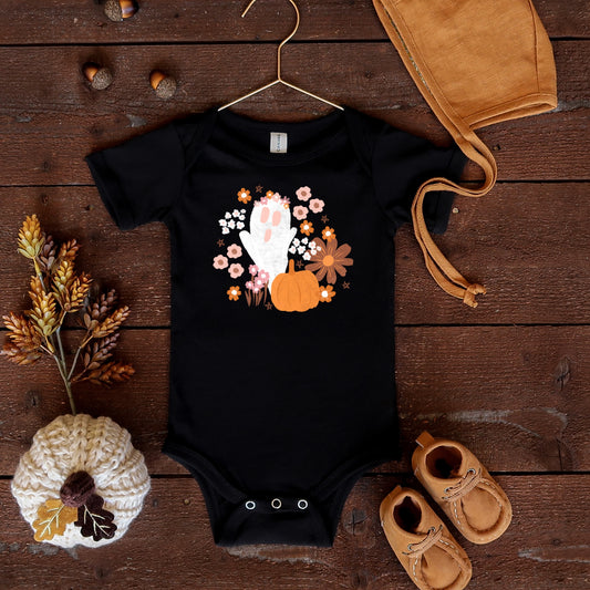 Florals, pumpkins, and white ghosts Halloween iron on heat transfer.