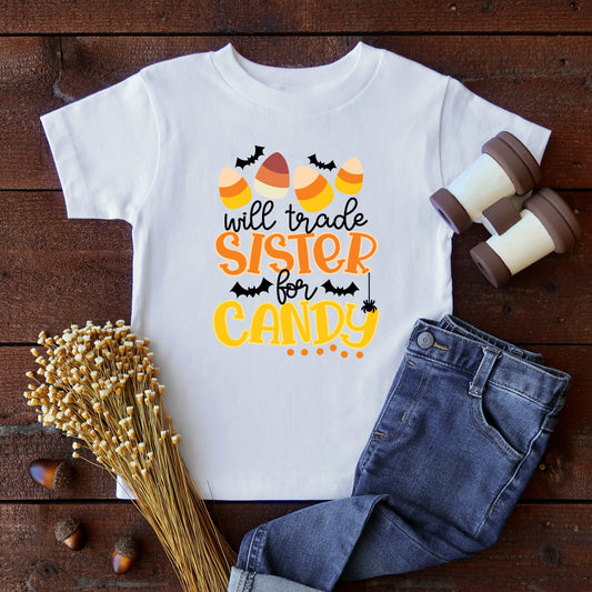 "Will trade sister for candy" Halloween iron on heat transfer.