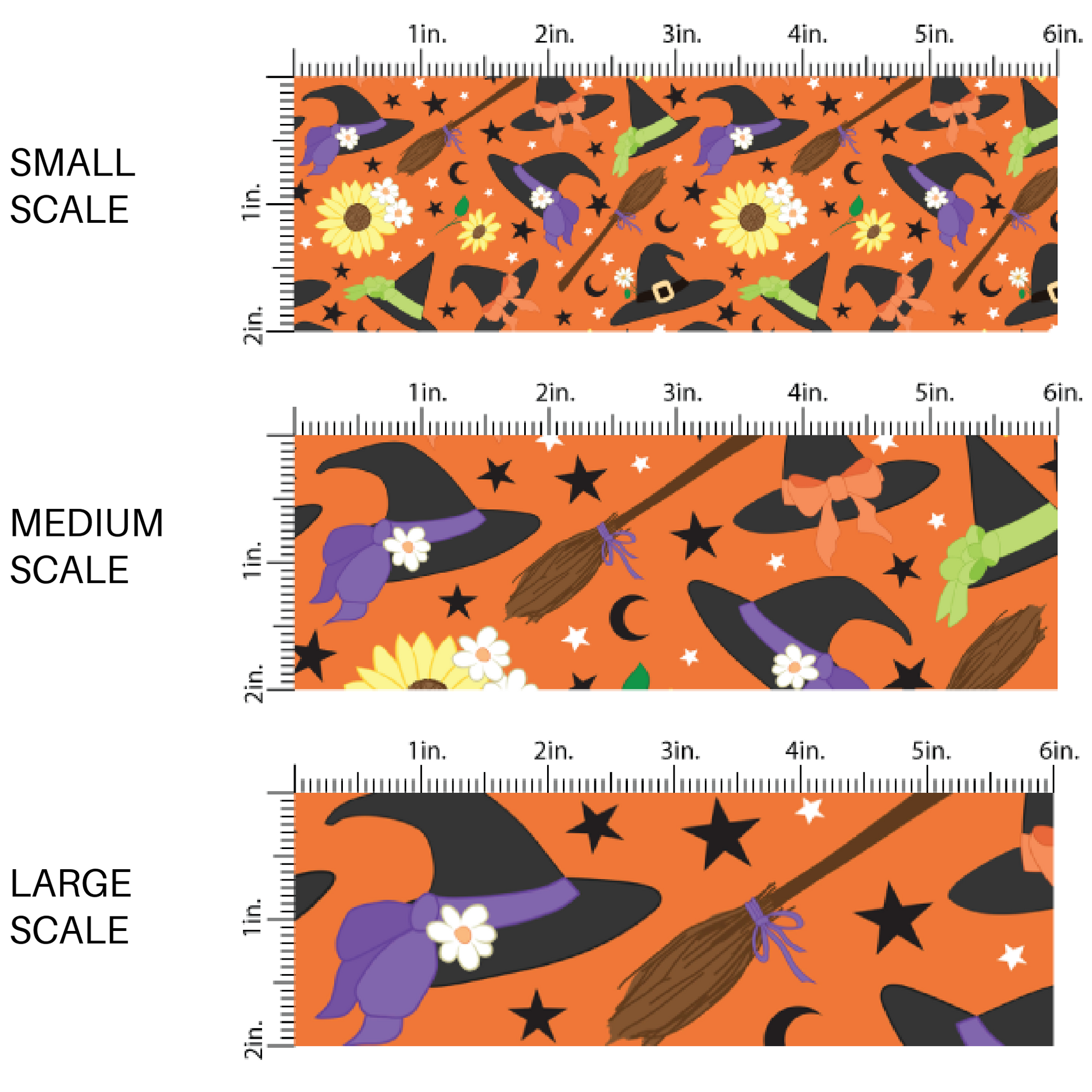 This scale chart of small scale, medium scale, and large scale of these Halloween themed orange fabric by the yard features witches, hats, brooms, sunflowers, small daisies, and small black stars on orange. This fun spooky themed fabric can be used for all your sewing and crafting needs! 