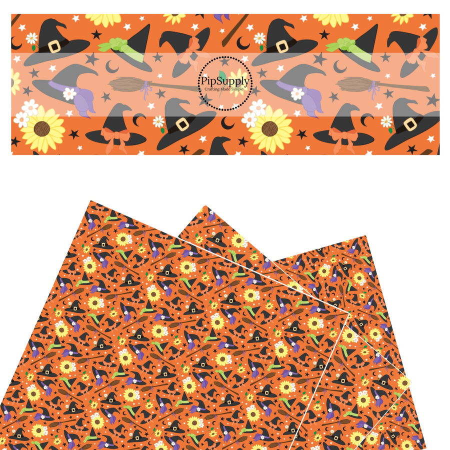 These Halloween themed orange faux leather sheets contain the following design elements: witches hats, brooms, sunflowers, small daisies, and small black stars on orange. Our CPSIA compliant faux leather sheets or rolls can be used for all types of crafting projects.