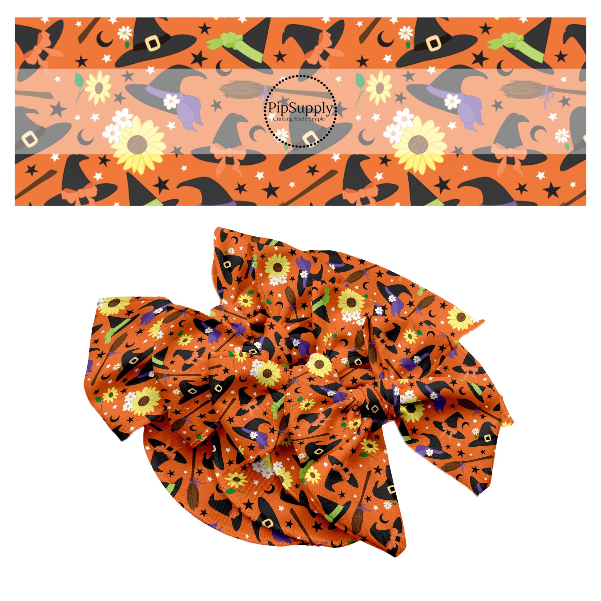 These Halloween themed orange no sew bow strips can be easily tied and attached to a clip for a finished hair bow. These fun spooky bow strips are great for personal use or to sell. The bow stripes features witches, hats, brooms, sunflowers, small daisies, and small black stars on orange. 