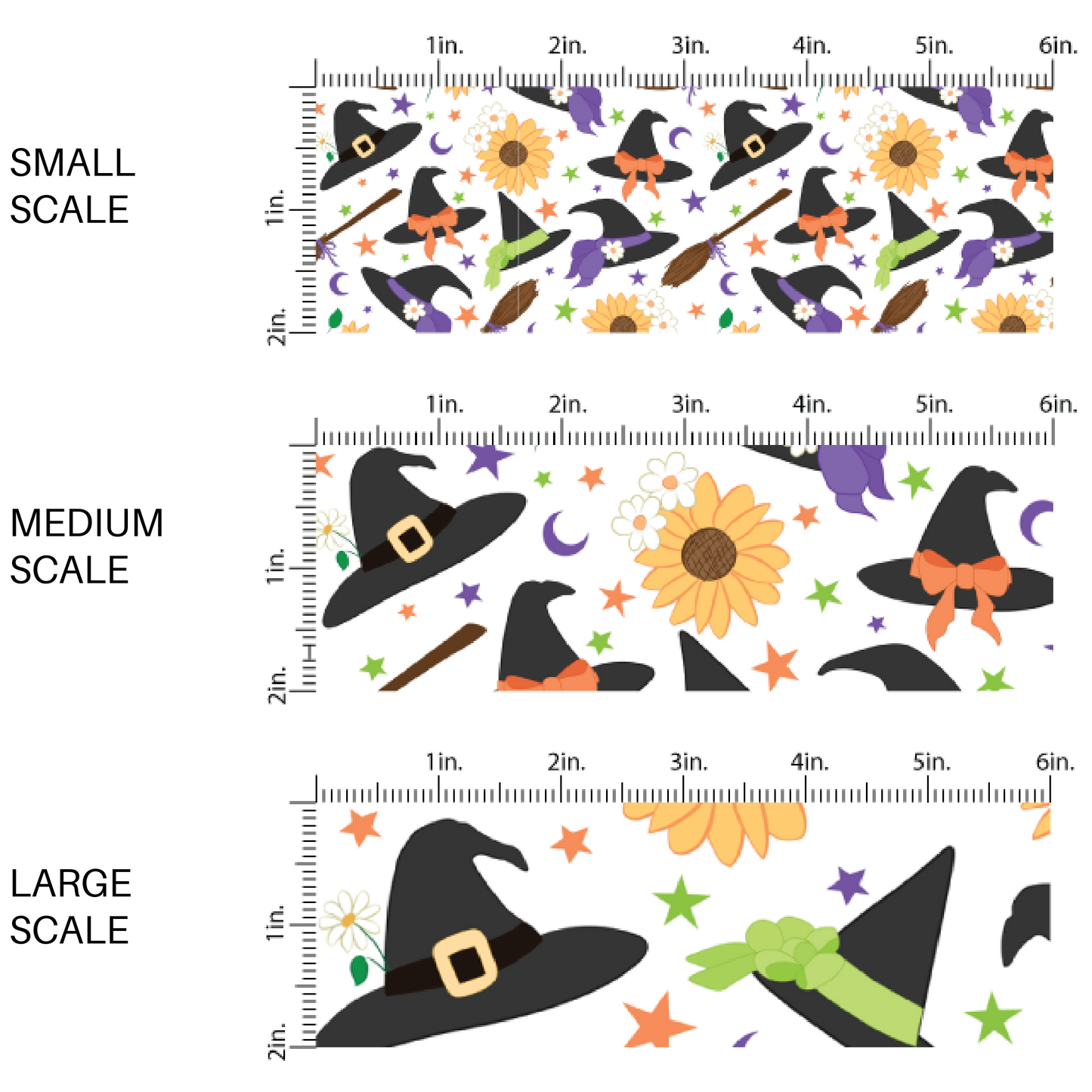 This scale chart of small scale, medium scale, and large scale of these Halloween themed cream fabric by the yard features witches, hats, brooms, sunflowers, small daisies, and small colorful stars on cream. This fun spooky themed fabric can be used for all your sewing and crafting needs! 