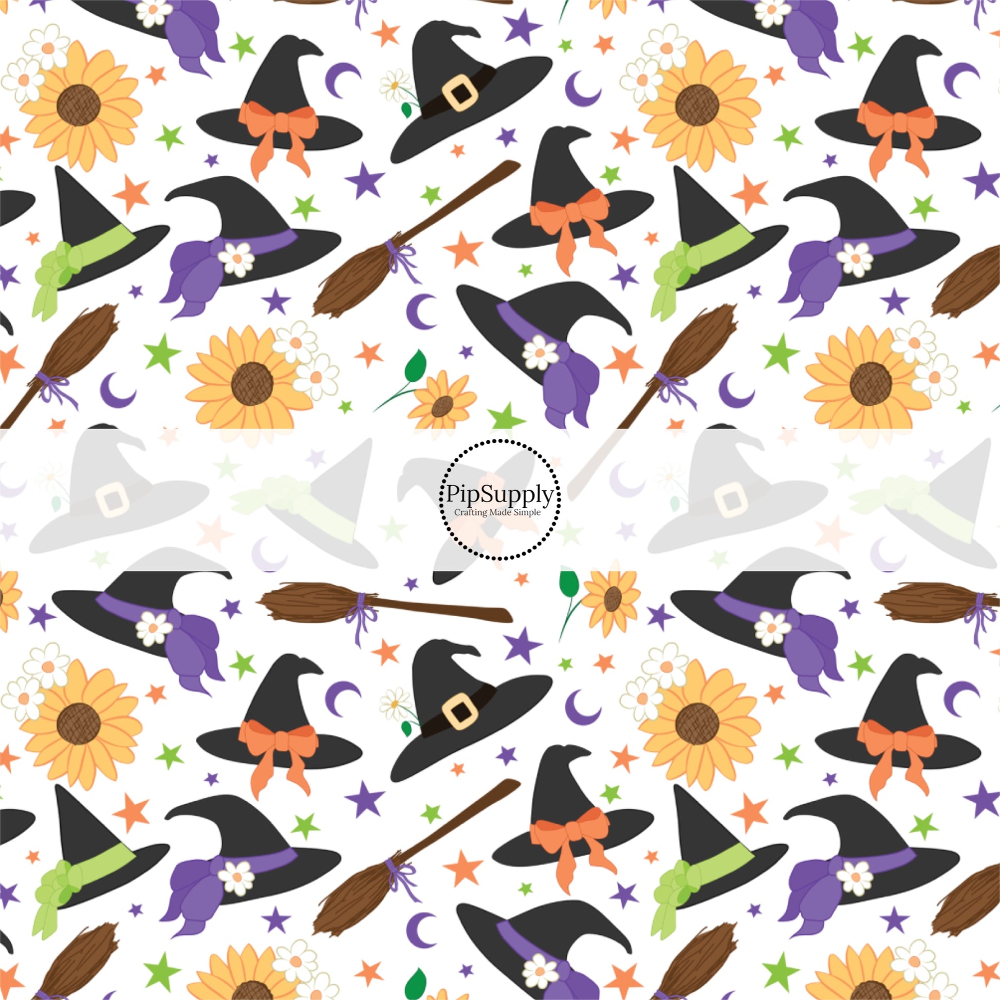 These Halloween themed cream fabric by the yard features witches, hats, brooms, sunflowers, small daisies, and small colorful stars on cream. This fun spooky themed fabric can be used for all your sewing and crafting needs! 