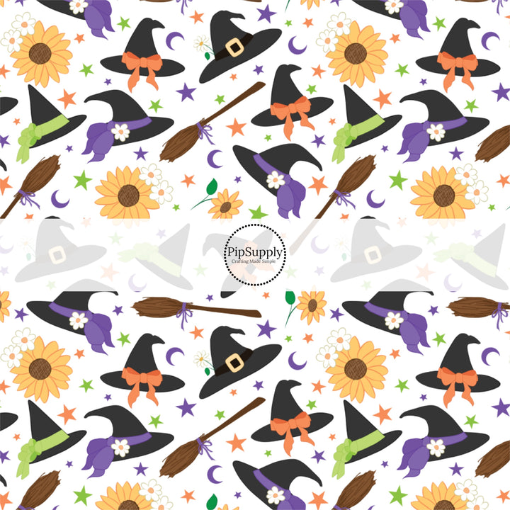 These Halloween themed cream no sew bow strips can be easily tied and attached to a clip for a finished hair bow. These fun spooky bow strips are great for personal use or to sell. The bow stripes features witches, hats, brooms, sunflowers, small daisies, and small colorful stars on cream. 