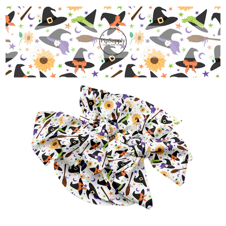 These Halloween themed cream no sew bow strips can be easily tied and attached to a clip for a finished hair bow. These fun spooky bow strips are great for personal use or to sell. The bow stripes features witches, hats, brooms, sunflowers, small daisies, and small colorful stars on cream. 