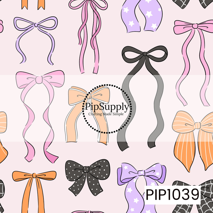 A playful seamless pattern featuring a variety of hand-drawn bows in classic Halloween colors of orange, black, purple, and pink. The collection includes ribbon bows, sailor bows, coquette styles, star prints, polka dots, pinstripes, and spiderweb accents, all arranged on a soft blush background for a cute and whimsical seasonal look.
