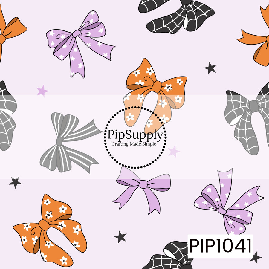 A playful seamless pattern featuring a collection of whimsical bows in Halloween-inspired shades of orange, lavender, black, and gray. The bows showcase a mix of daisy florals, star prints, spiderweb designs, and classic stripes, accented with scattered stars on a soft lavender background for a charming pastel Halloween aesthetic.
