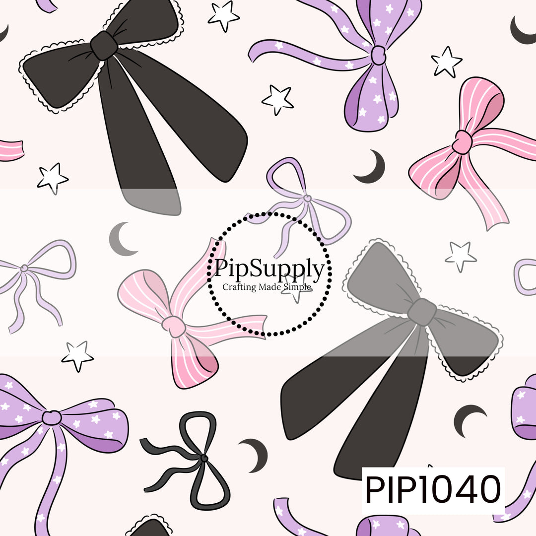 A charming seamless pattern featuring an assortment of whimsical bows in soft Halloween-inspired shades of black, pink, and lavender. The design includes classic ribbon bows, striped bows, star-print bows, and delicate lace-trim accents, scattered among crescent moons and hand-drawn stars on a light neutral background for a sweet, coquette-inspired seasonal look.
