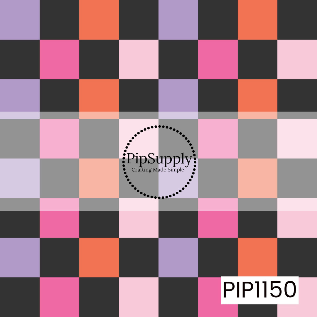 features a large-scale checker pattern with alternating squares in black, lavender, coral, hot pink, blush pink, and peach. The bold geometric layout creates a clean, modern look with a colorful Halloween-inspired palette.
