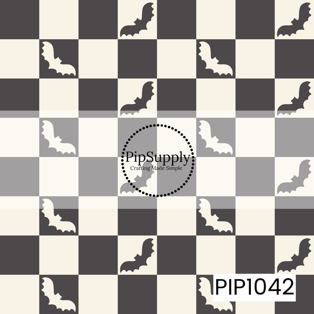 A playful seamless checkerboard pattern featuring alternating black and cream squares with scattered flying bat silhouettes. The simple Halloween-inspired design combines classic checkerboard styling with spooky bat accents for a clean, timeless seasonal look.
