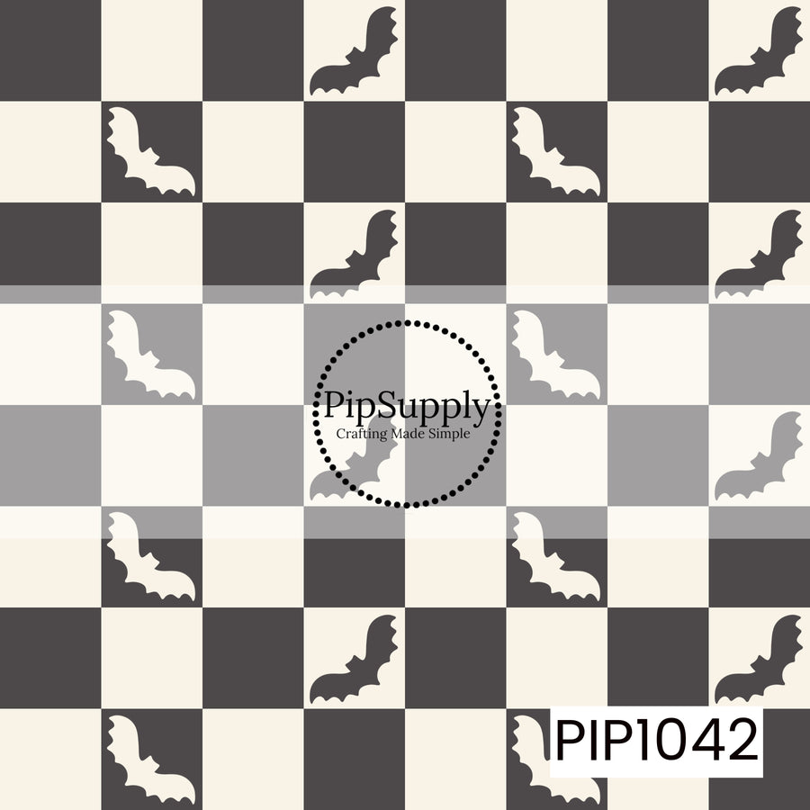 A playful seamless checkerboard pattern featuring alternating black and cream squares with scattered flying bat silhouettes. The simple Halloween-inspired design combines classic checkerboard styling with spooky bat accents for a clean, timeless seasonal look.
