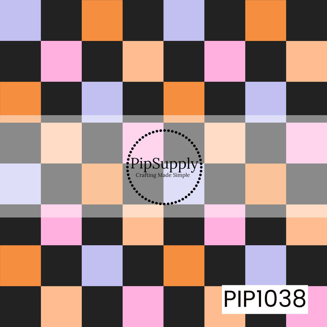 A seamless checkerboard pattern featuring alternating squares in vibrant Halloween-inspired shades of black, orange, lavender, blush pink, peach, and soft gray. The bold geometric design and playful pastel color palette create a modern Halloween look with a fun, colorful twist.
