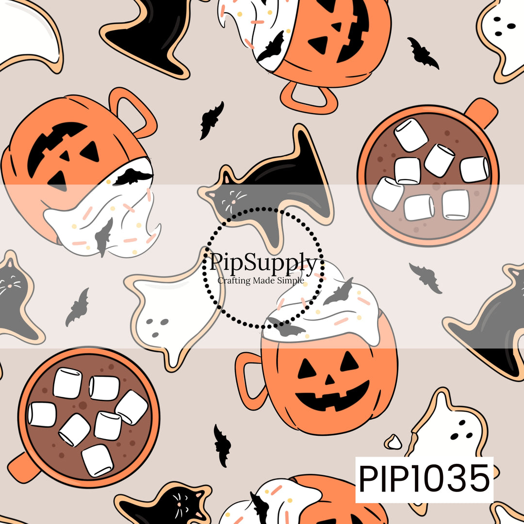 A cozy seamless Halloween pattern featuring smiling jack-o'-lantern mugs topped with whipped cream, marshmallow-filled hot cocoa, friendly ghosts, black cat-shaped cookies, and tiny flying bats on a warm neutral background. The soft orange, black, cream, white, and brown color palette creates a sweet, cozy Halloween design with charming autumn vibes.
