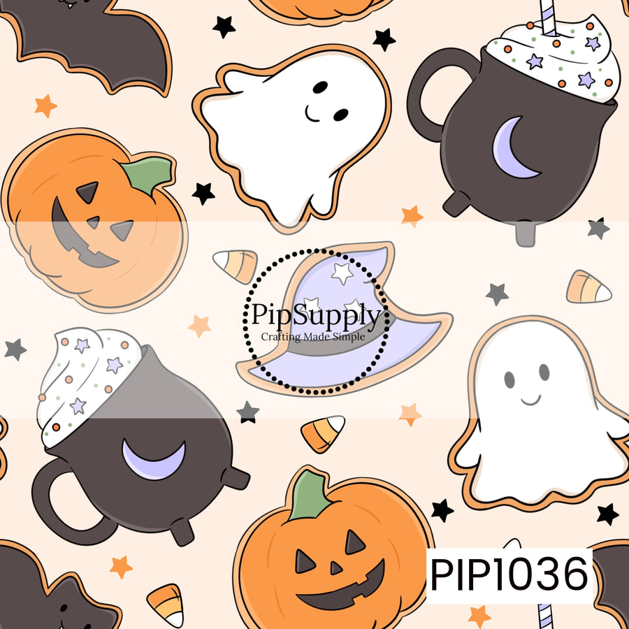 A sweet seamless Halloween pattern featuring smiling ghosts, cheerful jack-o'-lanterns, whimsical witch hats, cozy cauldrons topped with whipped cream and festive sprinkles, flying bats, candy corn, and scattered stars on a warm cream background. The soft orange, lavender, black, white, and cream color palette creates a playful, cozy Halloween design with a charming pastel aesthetic.

