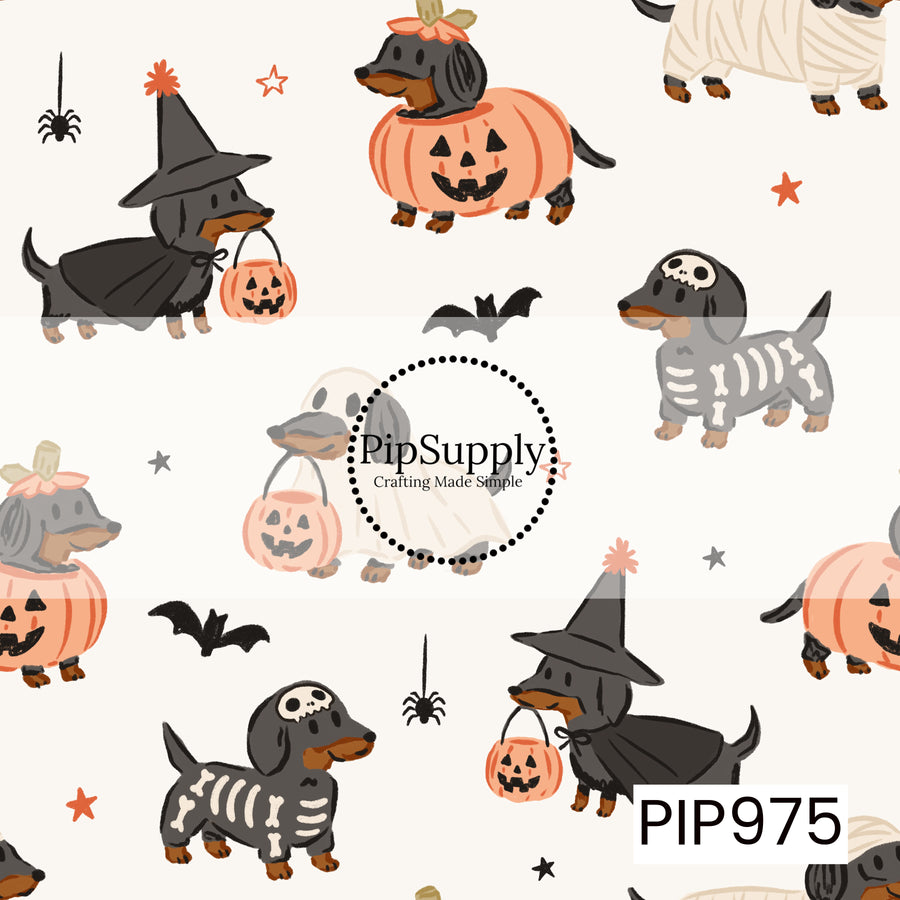 Adorable dachshunds dressed in whimsical Halloween costumes, including witches, ghosts, skeletons, pumpkins, and mummies, scattered across a soft cream background. Tiny bats, spiders, stars, and festive accents complete this playful, hand-painted pattern perfect for spooky season.
