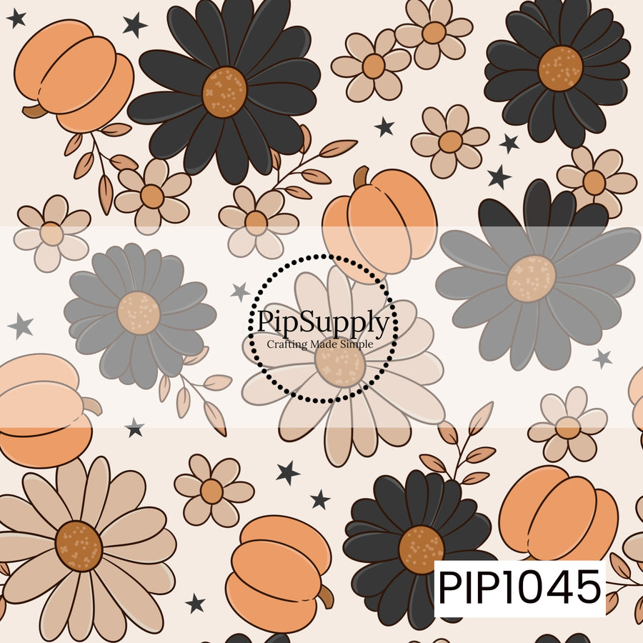 A charming seamless pattern featuring pumpkins, oversized daisies, delicate blossoms, leafy sprigs, and scattered stars in a warm palette of orange, black, tan, and cream. The hand-drawn florals and cozy autumn elements create a whimsical Halloween-inspired design with a soft vintage feel.

