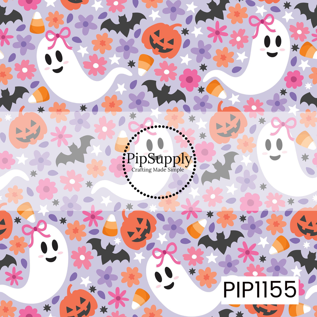 A playful Halloween pattern featuring smiling ghosts with pink bows scattered among orange pumpkins, candy corn, black bats, colorful flowers, white stars, and tiny black sparkles. The design is set on a soft lavender background with bright pink, orange, black, and purple accents.
