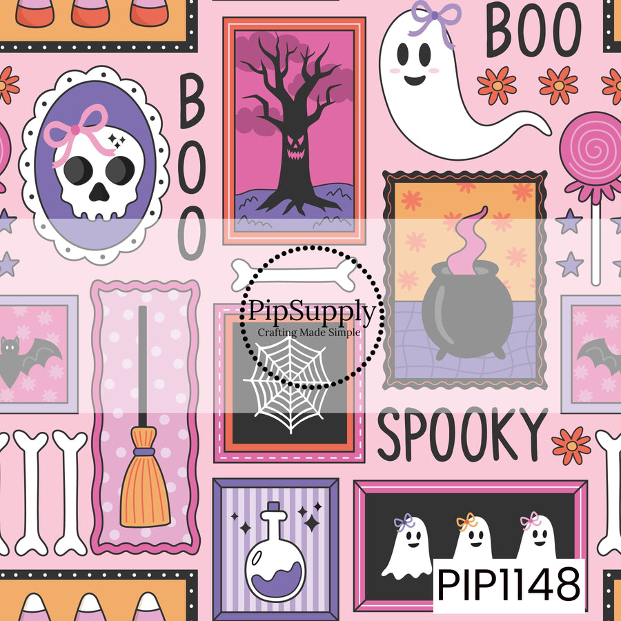 A repeating Halloween-themed pattern featuring cartoon ghosts, a spooky tree, a skull in an oval frame, bones, a broom, a cauldron, potion bottle, bats, stars, and the words BOO and SPOOKY on a pink background.