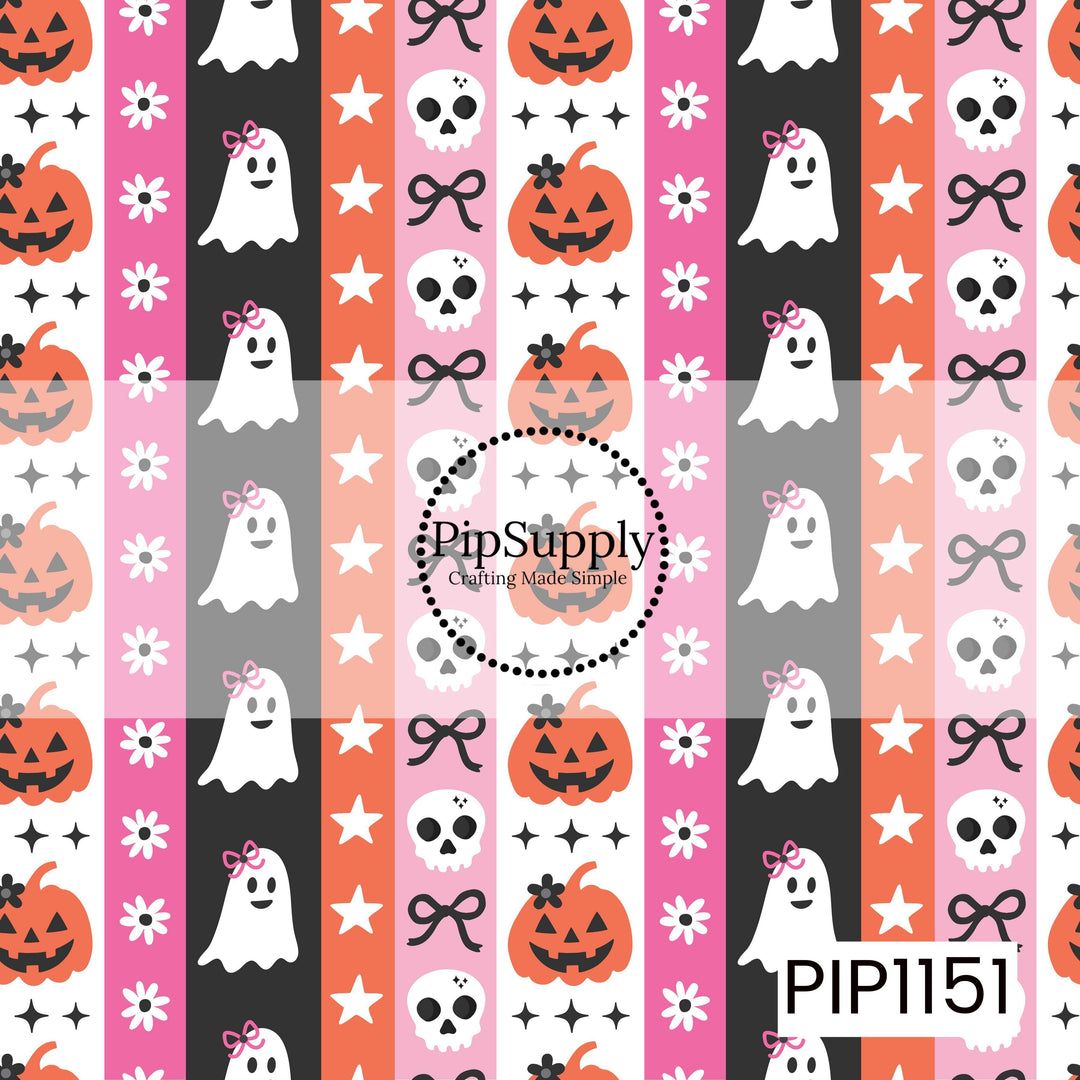 Features alternating vertical stripes filled with playful Halloween icons including smiling ghosts with bows, jack-o'-lanterns, skulls, bows, stars, daisies, and sparkles. The repeating striped layout uses shades of black, white, pink, coral, and peach to create a bold, whimsical design.
