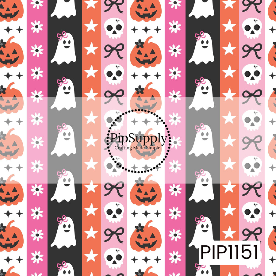 Features alternating vertical stripes filled with playful Halloween icons including smiling ghosts with bows, jack-o'-lanterns, skulls, bows, stars, daisies, and sparkles. The repeating striped layout uses shades of black, white, pink, coral, and peach to create a bold, whimsical design.

