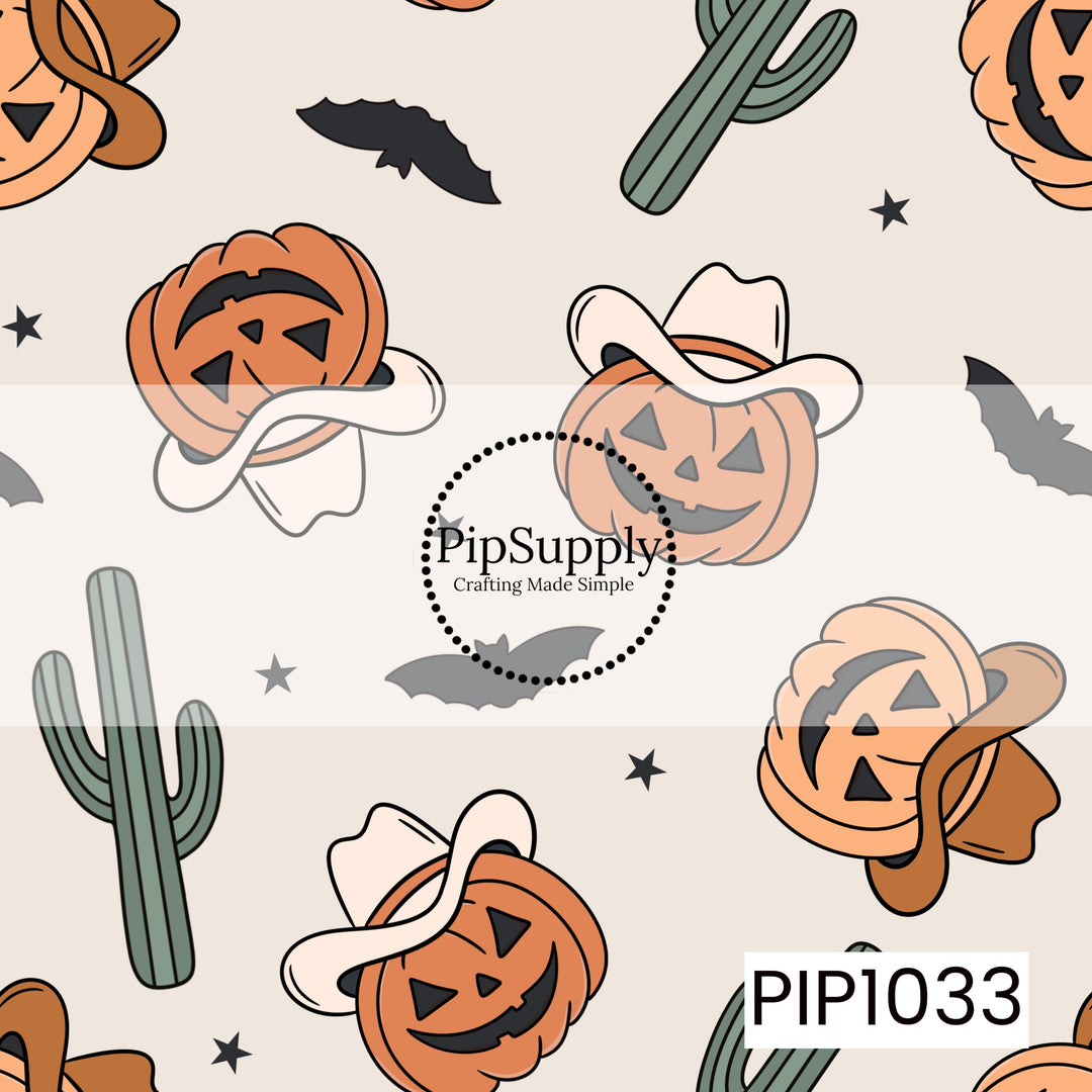A seamless western Halloween pattern featuring smiling jack-o'-lanterns wearing cowboy hats, scattered cacti, flying bats, and tiny stars on a soft cream background. The warm palette of pumpkin orange, sage green, tan, brown, and black gives this design a playful blend of rustic western charm and festive Halloween spirit.
