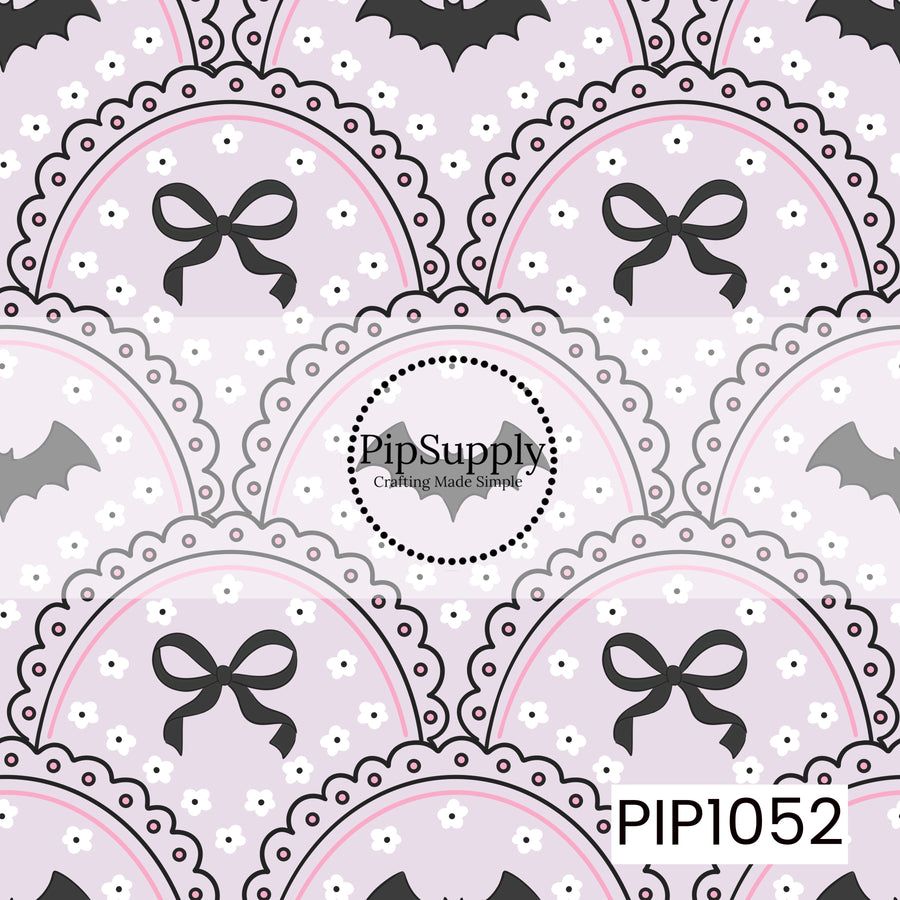 A whimsical seamless pattern featuring scalloped lace arches filled with tiny white floral sprigs, delicate black bows, and flying bat silhouettes. Soft shades of lavender, pink, black, and gray create a charming coquette-inspired Halloween design with vintage lace details and a sweet, spooky aesthetic.
