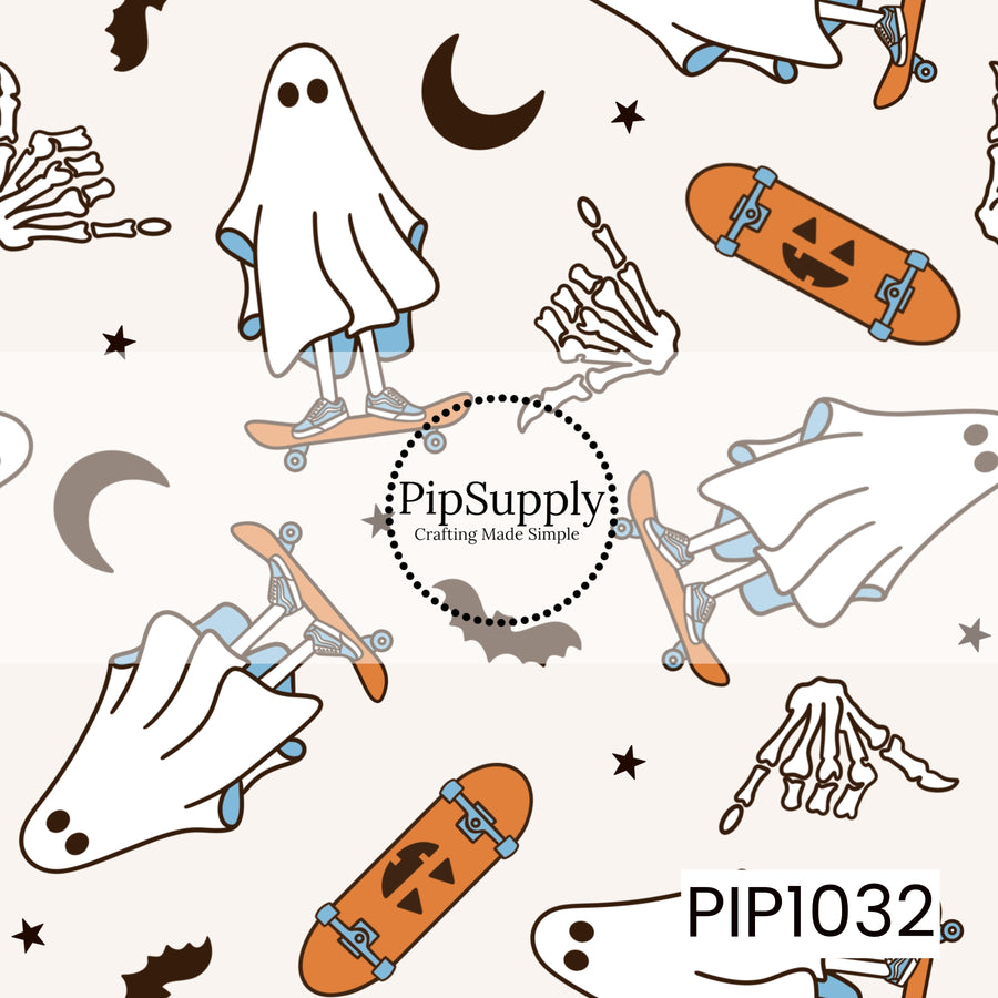 A playful seamless Halloween pattern featuring ghosts riding skateboards alongside pumpkin-themed skateboards, skeleton hands, bats, crescent moons, and scattered stars on a soft neutral background. The muted orange, blue, brown, and cream color palette gives this design a fun, retro-inspired Halloween vibe with a whimsical touch.
