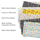 Happy Day Play back to school fabric by the yard swatches with black, pink, and yellow themes.