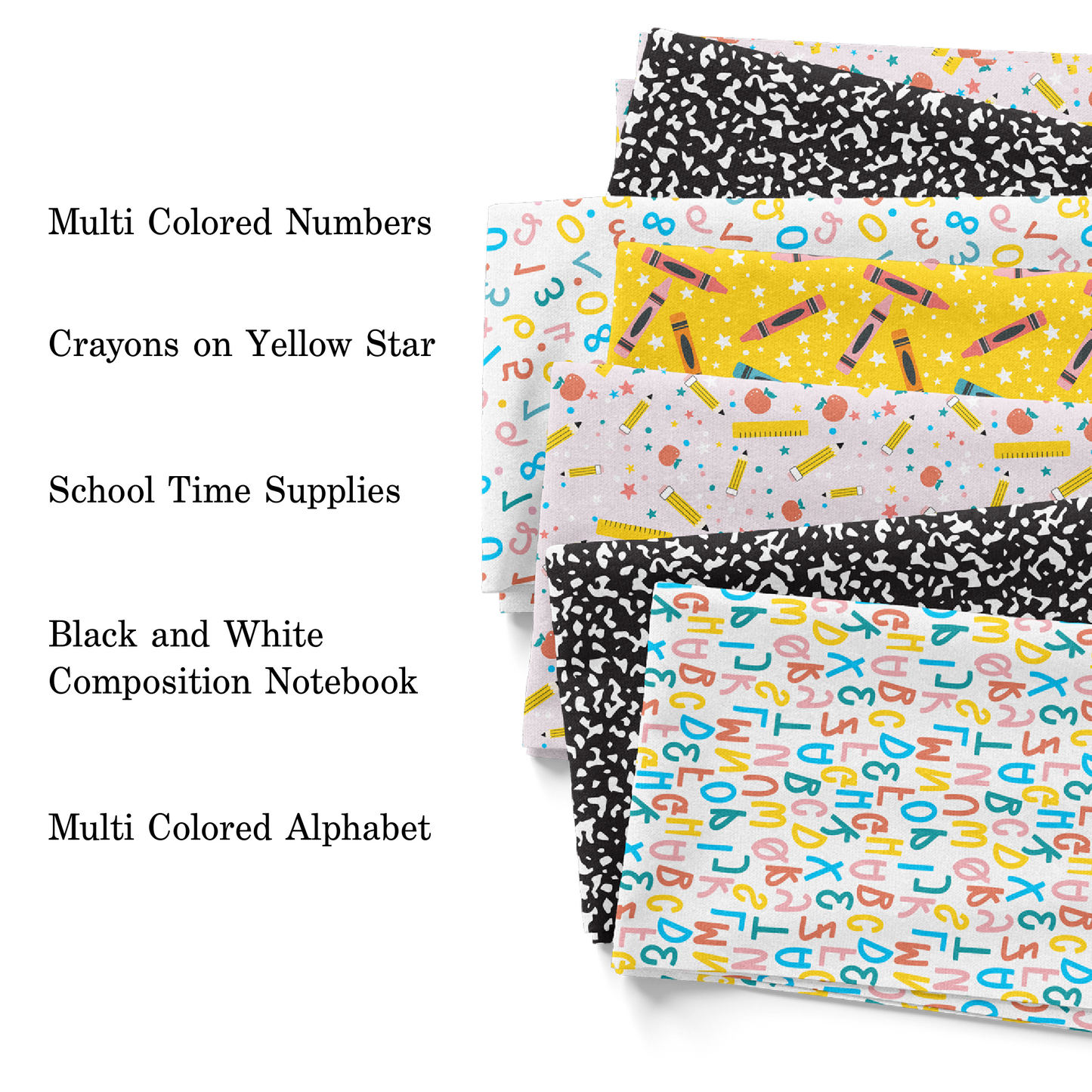 Happy Day Play back to school fabric by the yard swatches with black, pink, and yellow themes.