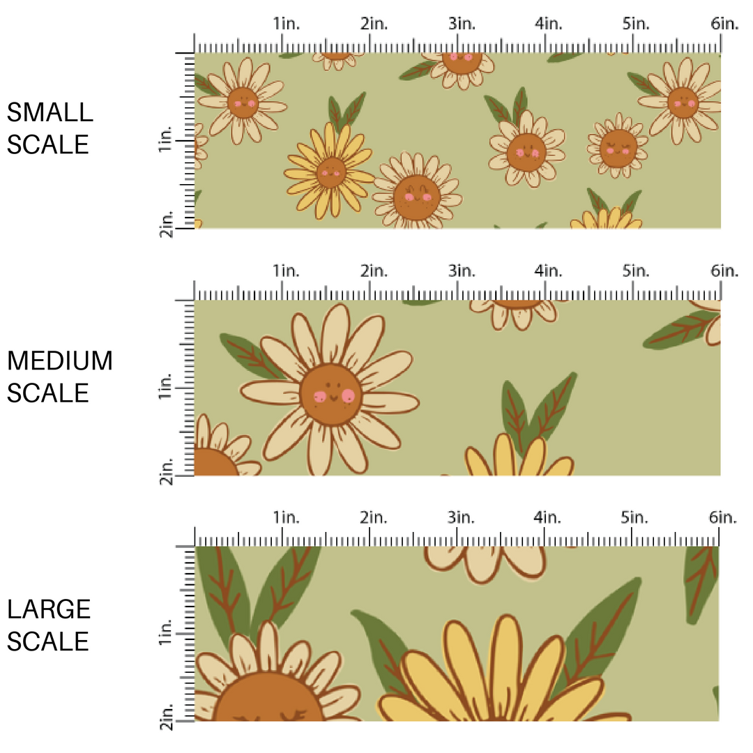 Smiling Yellow Daisies on Moss Green Fabric by the Yard scaled image guide.