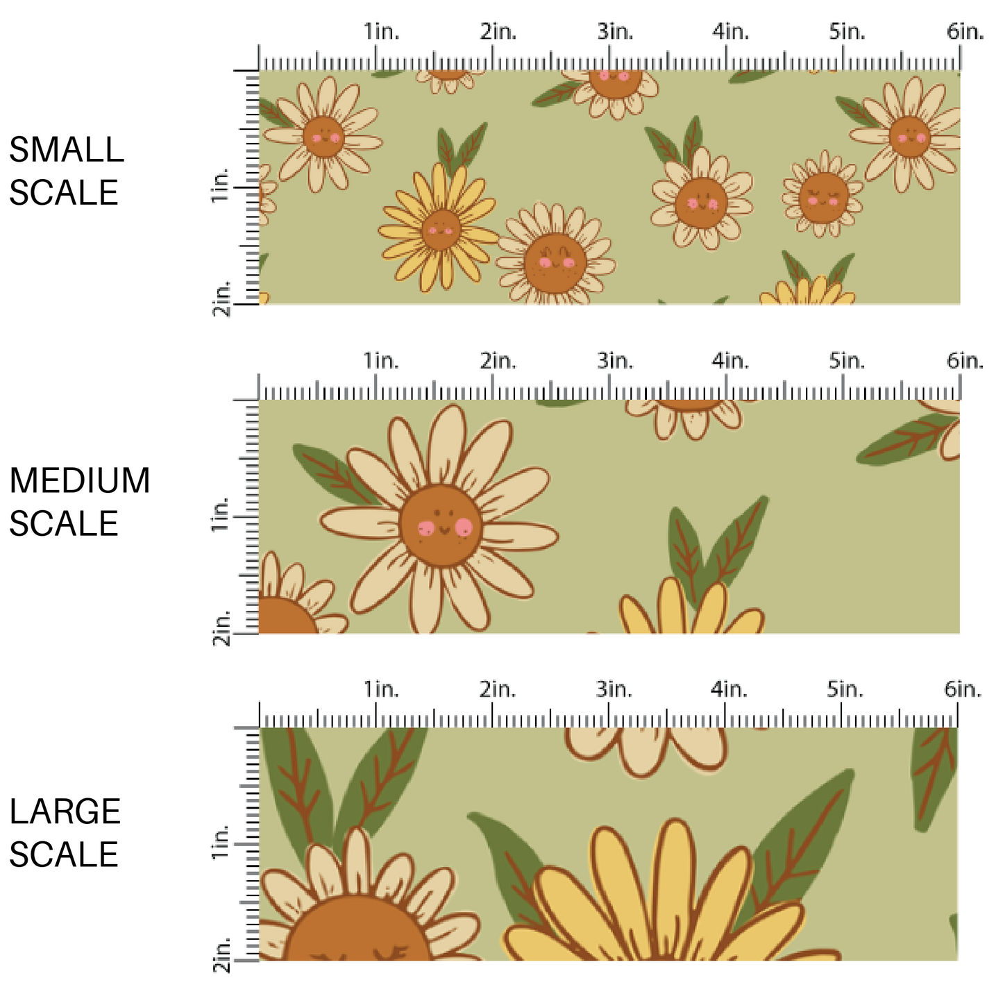 Smiling Yellow Daisies on Moss Green Fabric by the Yard scaled image guide.