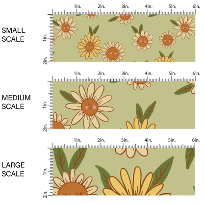 Smiling Yellow Daisies on Moss Green Fabric by the Yard scaled image guide.