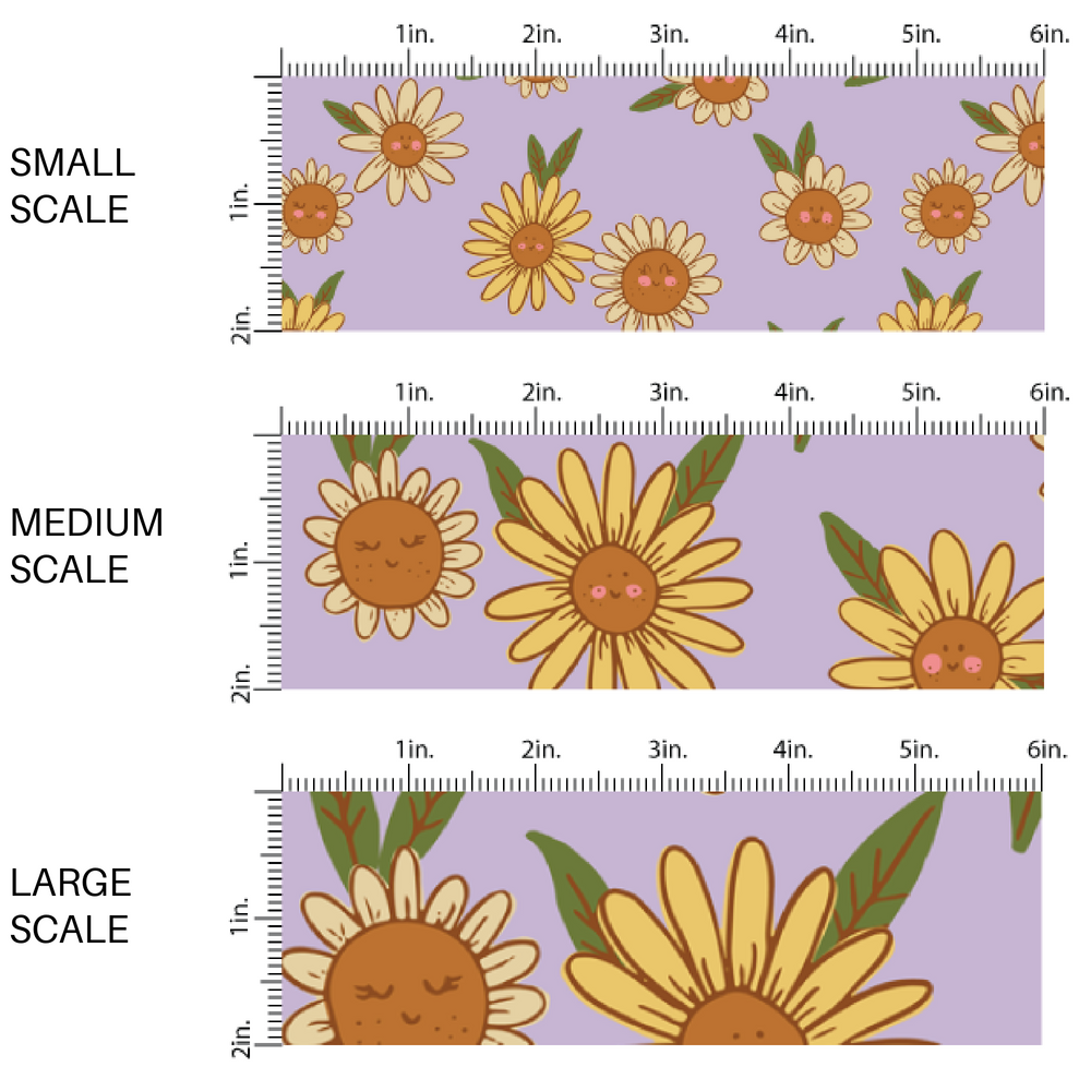 Smiling Yellow Daisies on Purple Fabric by the Yard scaled image guide.