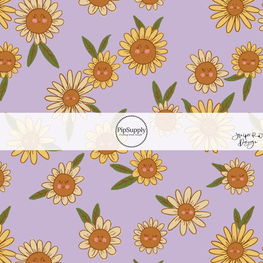 Smiling Yellow Daisies on Purple Fabric by the Yard.