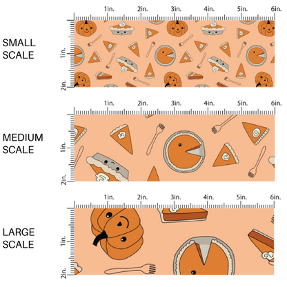 This scale chart of small scale, medium scale, and large scale of these fall pumpkin themed fabric by the yard features pumpkin pie slices surrounded by pumpkins. This fun fall themed fabric can be used for all your sewing and crafting needs! 