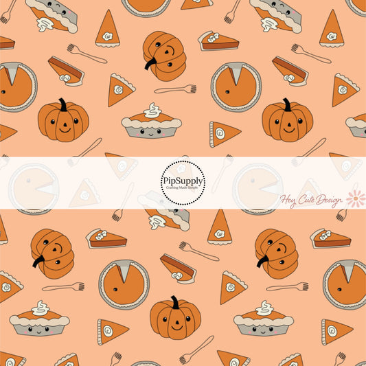 These fall pumpkin themed fabric by the yard features pumpkin pie slices surrounded by pumpkins. This fun fall themed fabric can be used for all your sewing and crafting needs! 