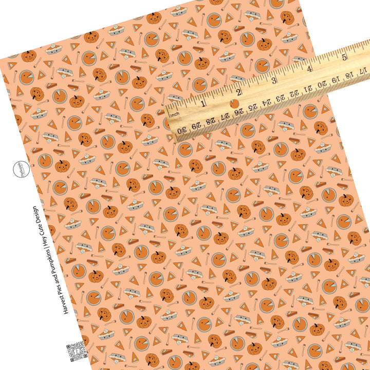 These fall pumpkin themed faux leather sheets contain the following design elements: pumpkin pie slices surrounded by pumpkins. Our CPSIA compliant faux leather sheets or rolls can be used for all types of crafting projects.