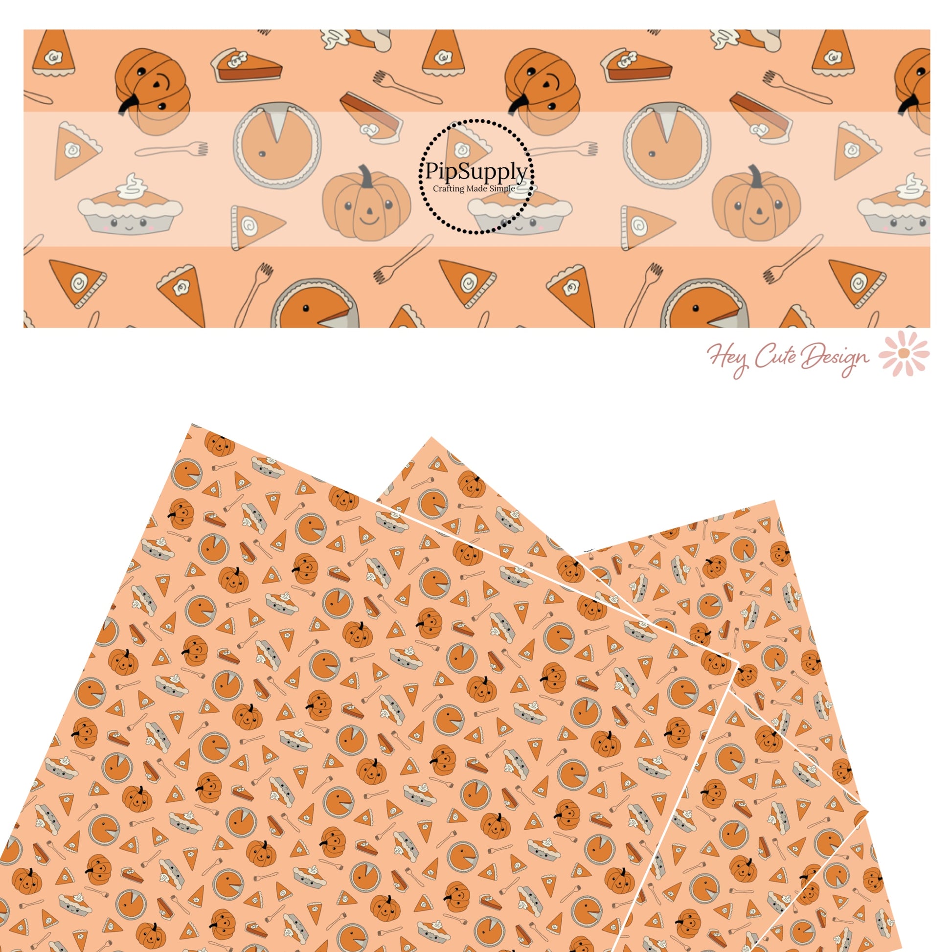These fall pumpkin themed faux leather sheets contain the following design elements: pumpkin pie slices surrounded by pumpkins. Our CPSIA compliant faux leather sheets or rolls can be used for all types of crafting projects.