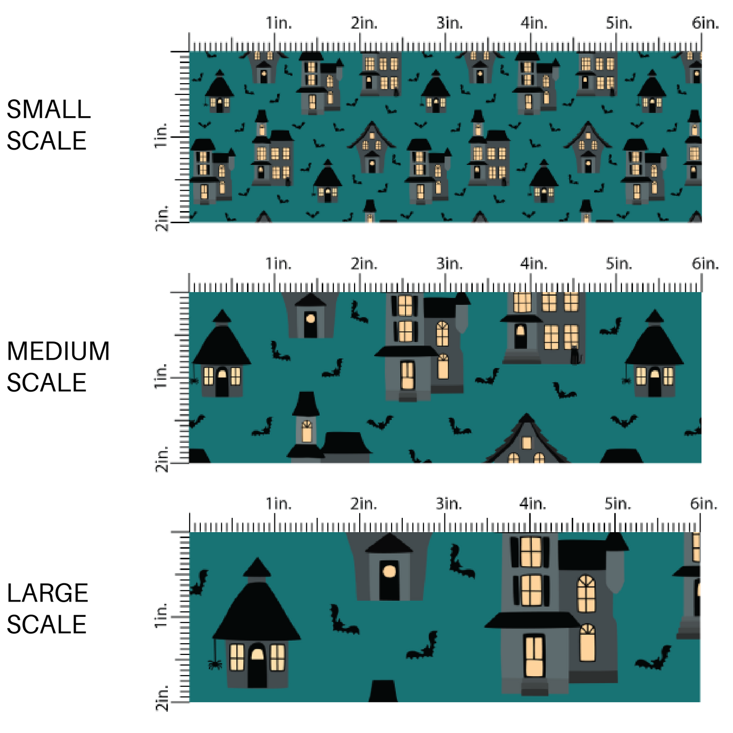 Haunted houses and bats on teal blue fabric by the yard scaled image guide.