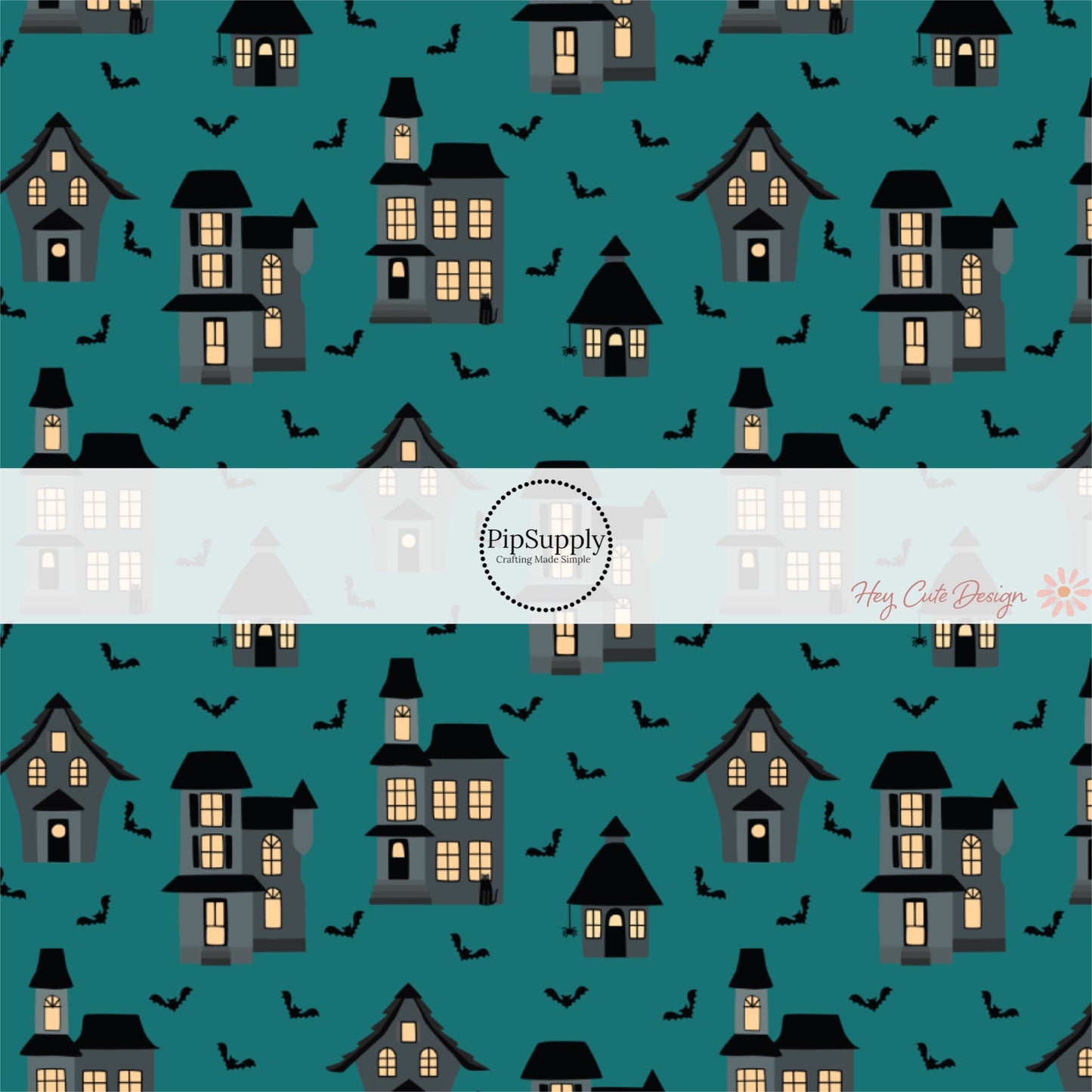 Haunted houses and bats on teal blue fabric by the yard.