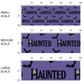 Purple fabric by the yard scaled image guide with phrase "Haunted" and black flying bats.