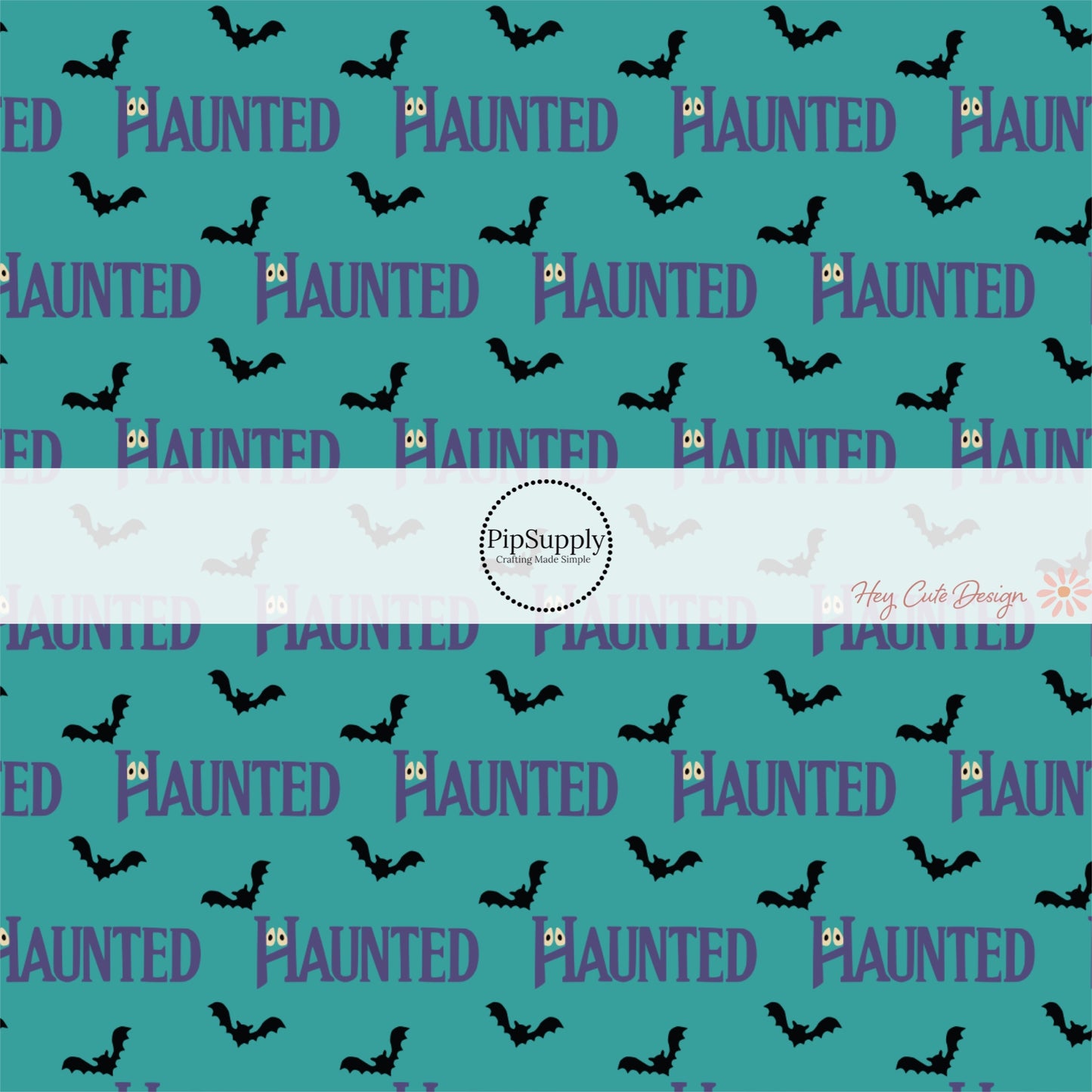 Teal Blue fabric by the yard with phrase "Haunted" and black flying bats.