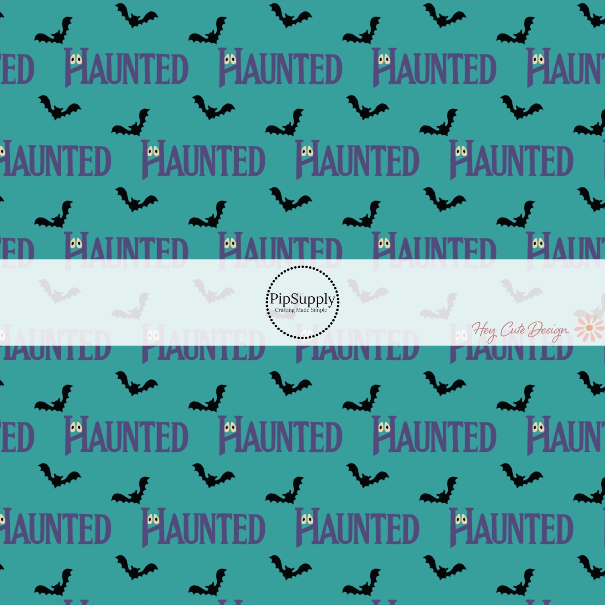 Teal Blue fabric by the yard with phrase "Haunted" and black flying bats.