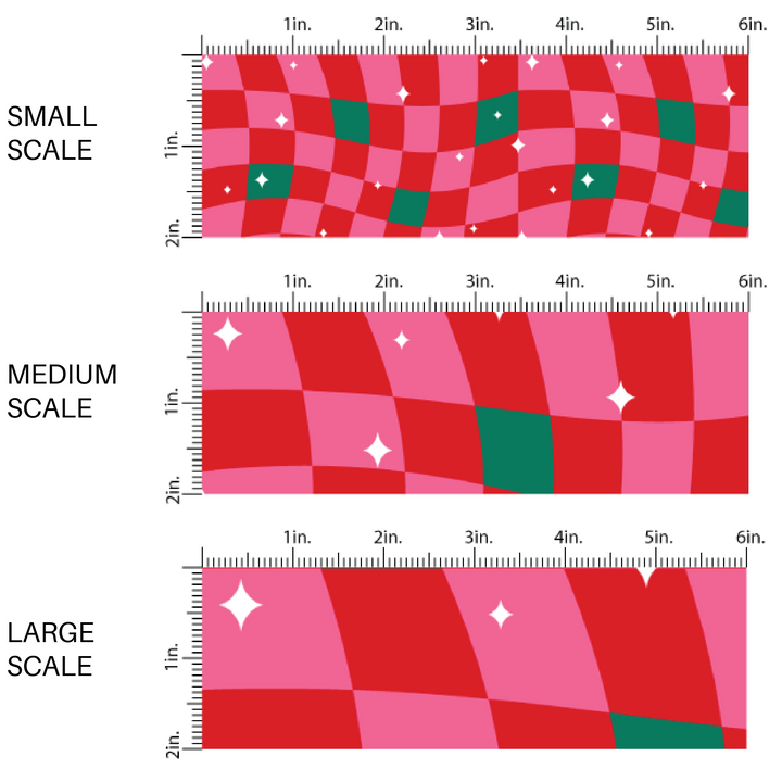 Pink, red , and green wavy checkered fabric by the yard scaled image guide with white stars.