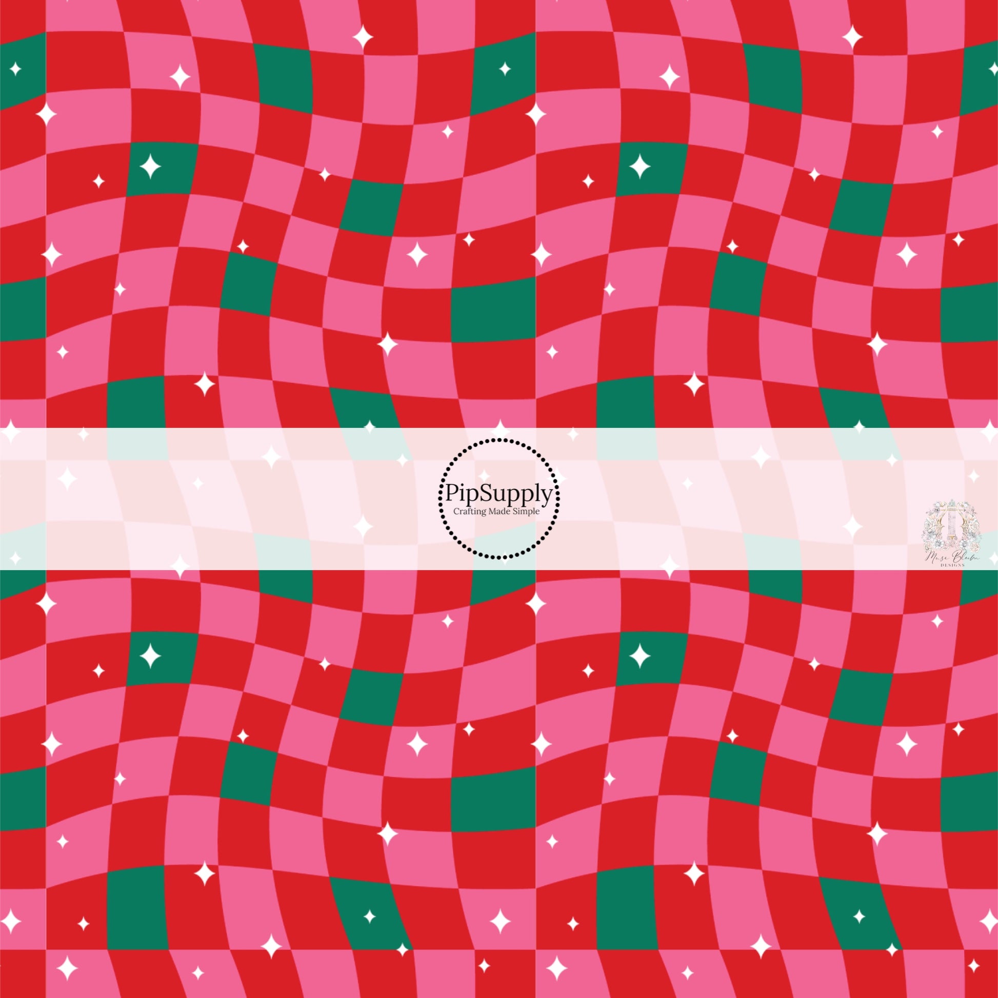 Pink, red , and green wavy checkered fabric by the yard with white stars.
