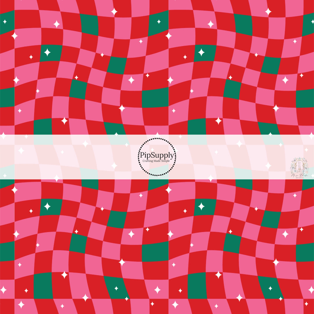 Pink, red , and green wavy checkered fabric by the yard with white stars.