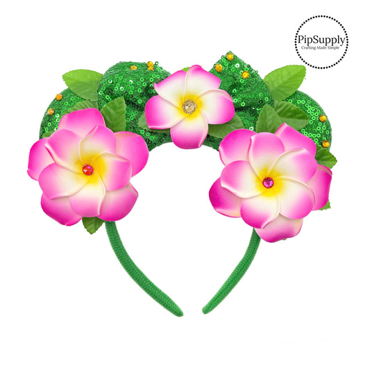 These beautiful floral mouse ear headbands are a stylish hair accessory. These comfortable headbands have an attached green glitter bow and green glitter mouse ears. Along with rhinestones, pink flowers, and leaves. This hair accessory comes completely assembled and is great for park vacations, costumes or for everyday wear!