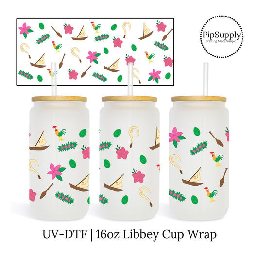 16 oz. Libbey cup wrap with flowers, sailboats, and oars.